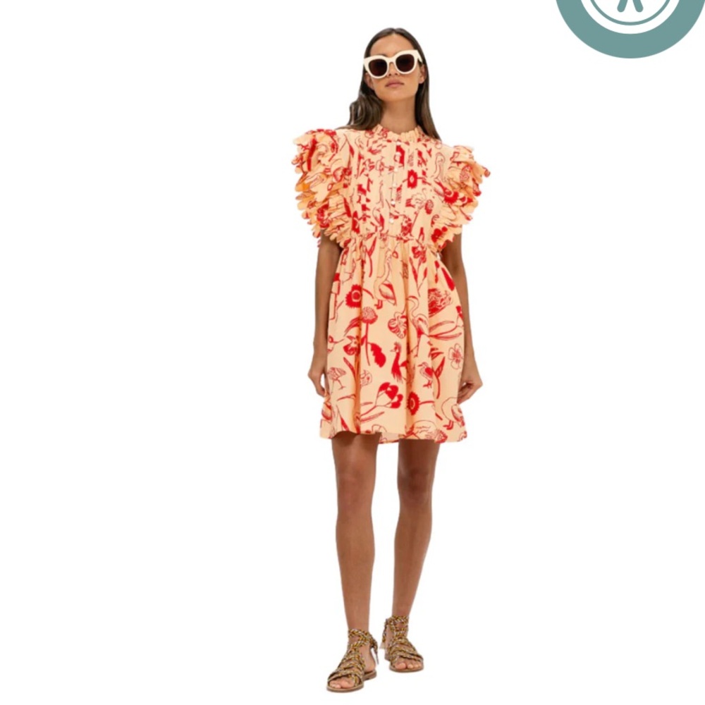Oliphant Peach Mini Dress with Red Floral Print